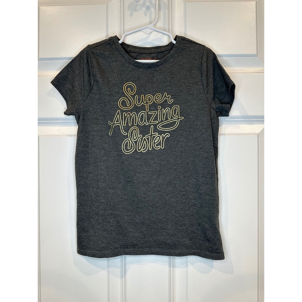 Cat & Jack Girls Super Amazing Sister Graphic Tee Gray Gold Size S 6/6X